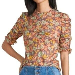 Veronica Beard Natuka Floral Ruched Short-sleeve Blouse Multicolor Women's Sz 0